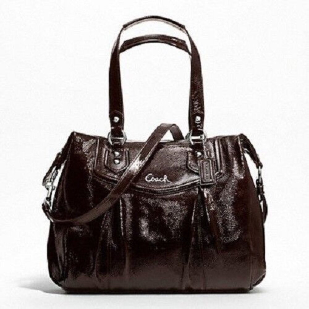Coach Ashley Brown Patent Leather Hobo Bag Crossbody Strap 11 x 8